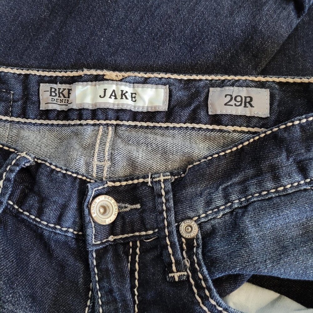 BKE Mens Jeans Size 29R Jake Dark Wash Straight Distressing Heavy Stitching - Picture 9 of 12
